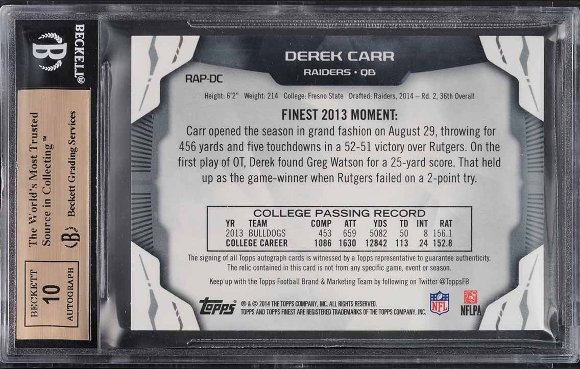 2014 Finest Camo Refractor Derek Carr ROOKIE PATCH AUTO /10 #RAP-DC BGS 9.5 GEM
