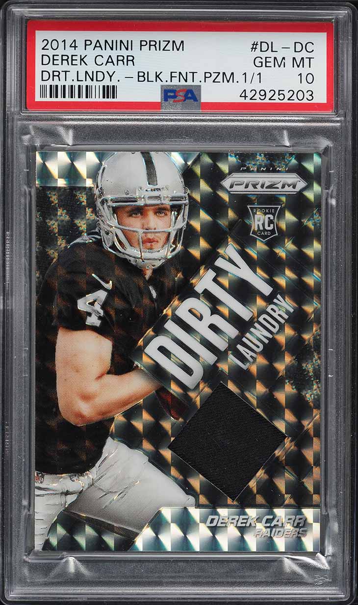 2014 Panini Prizm Dirty Laundry Black Prizms Derek Carr ROOKIE PATCH 1/1 PSA 10