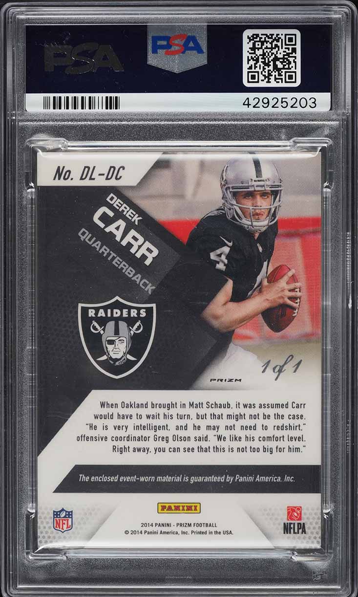 2014 Panini Prizm Dirty Laundry Black Prizms Derek Carr ROOKIE PATCH 1/1 PSA 10