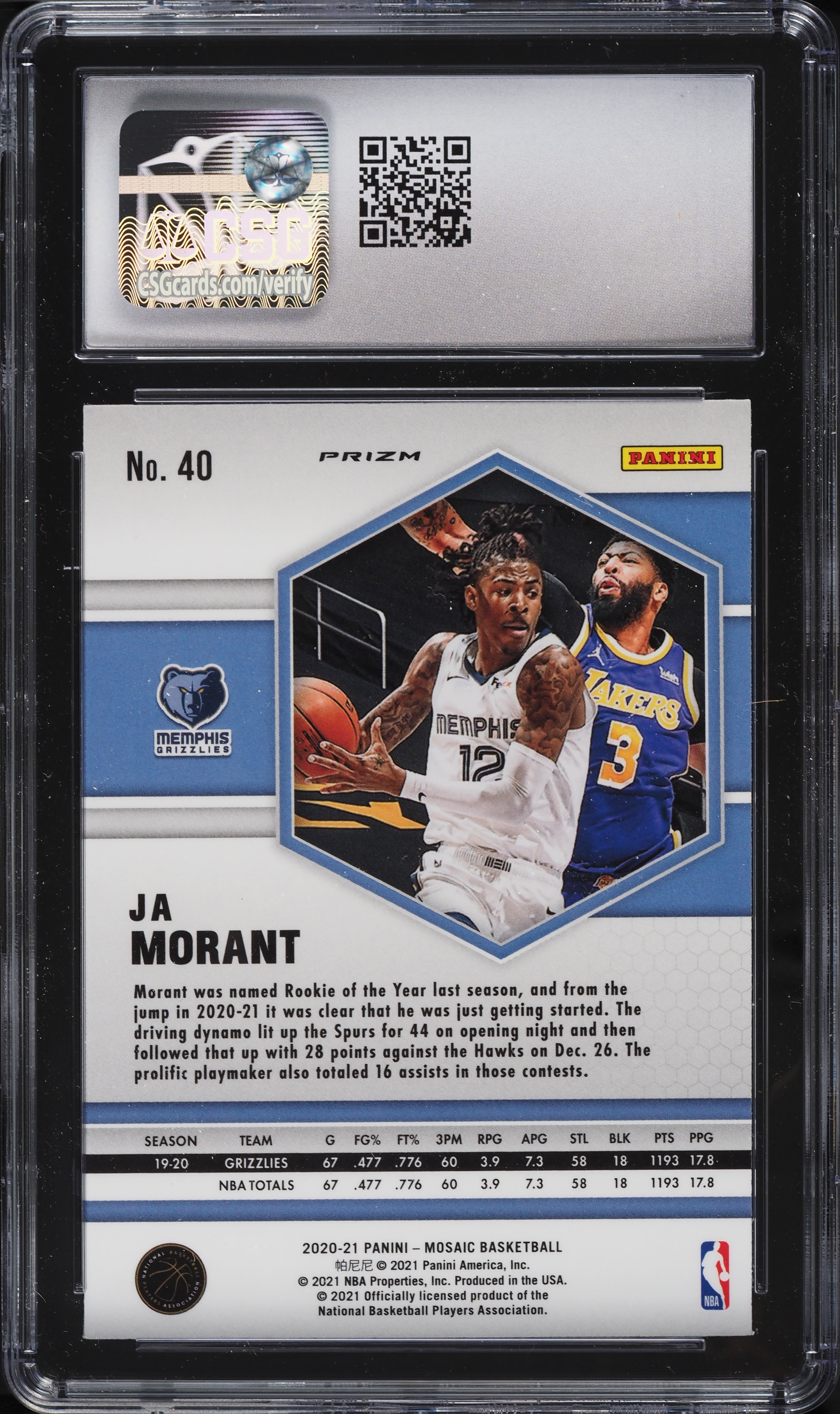 2020 Panini Mosaic Pink Camo Ja Morant #40 CSG 10 GEM MINT on
