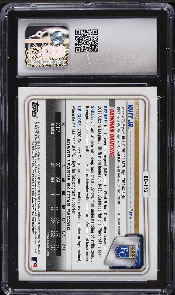2020 Bowman Chrome Sapphire Bobby Witt Jr. ROOKIE #BD-152 CSG 9 MINT