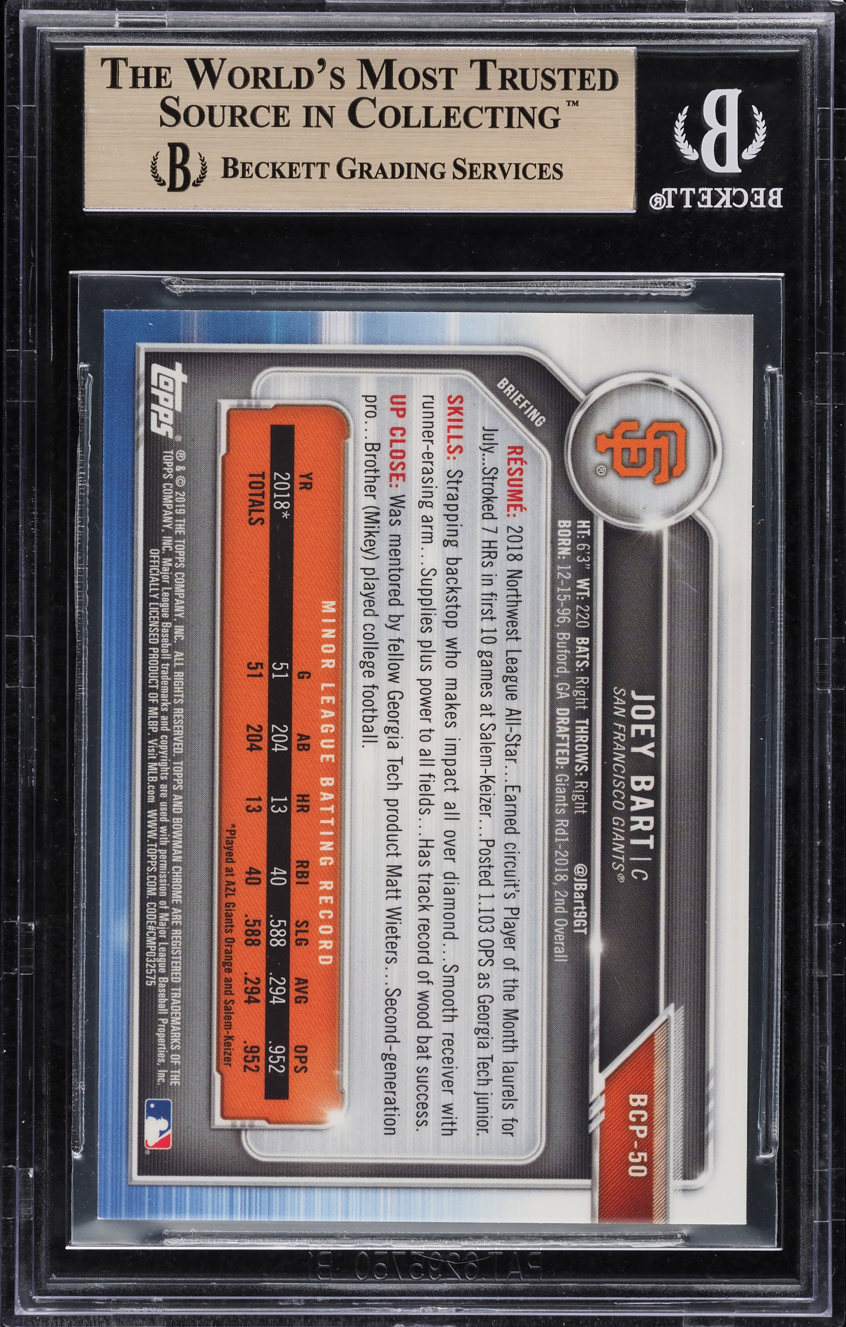 2019 Bowman Chrome Prospects Gold Refractor Joey Bart ROOKIE /50