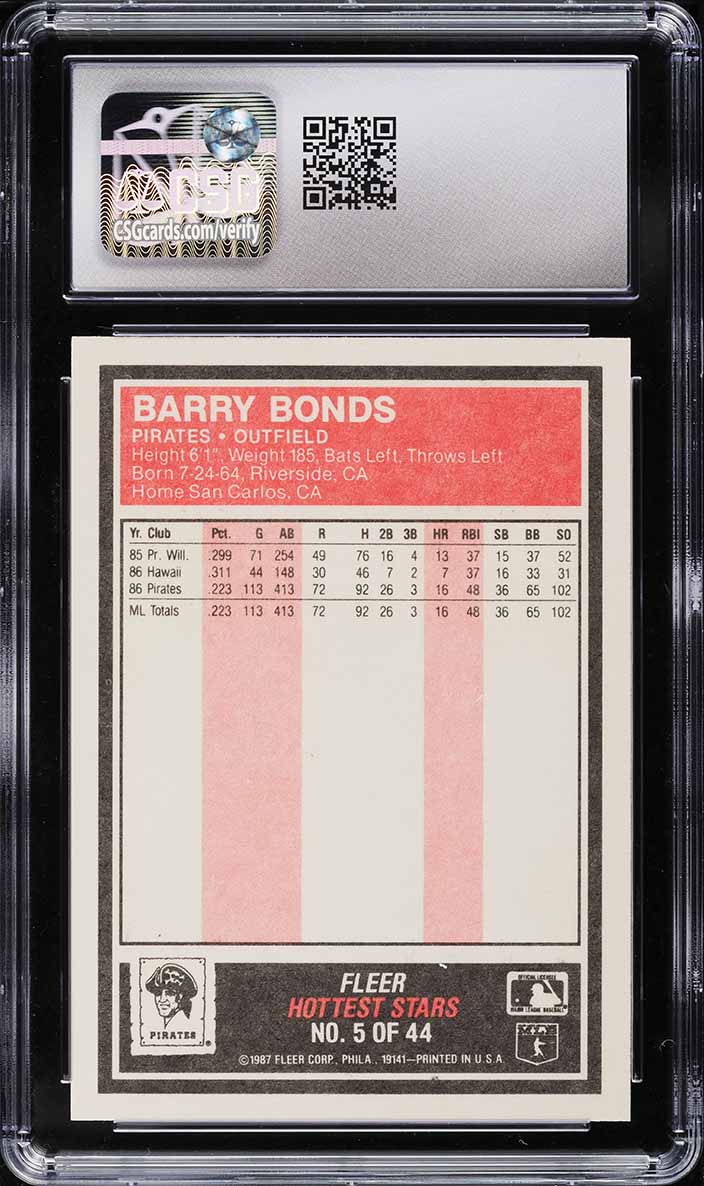 1987 Fleer Hottest Stars Barry Bonds ROOKIE #5 CSG 9 MINT