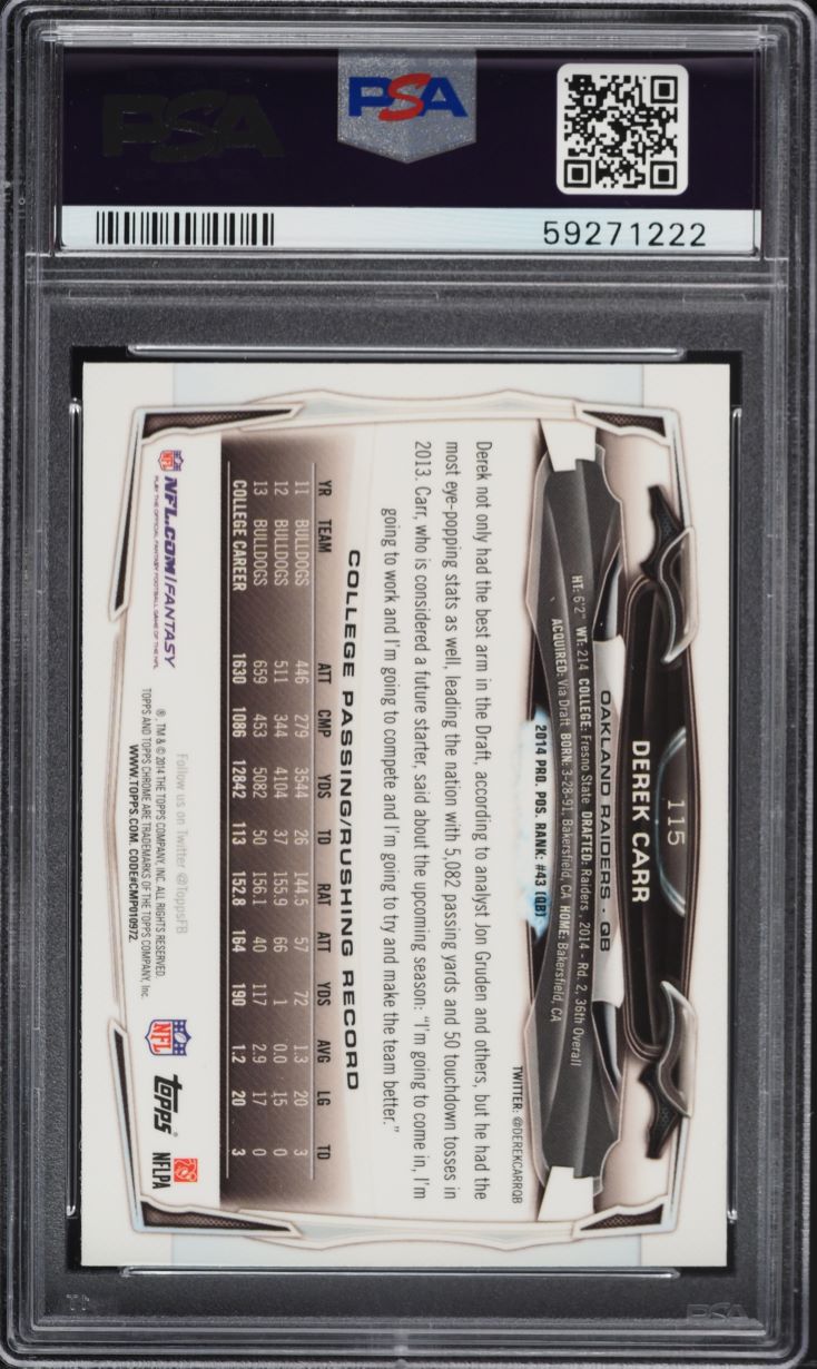 2014 Topps Chrome Derek Carr ROOKIE #115 PSA 8 NM-MT