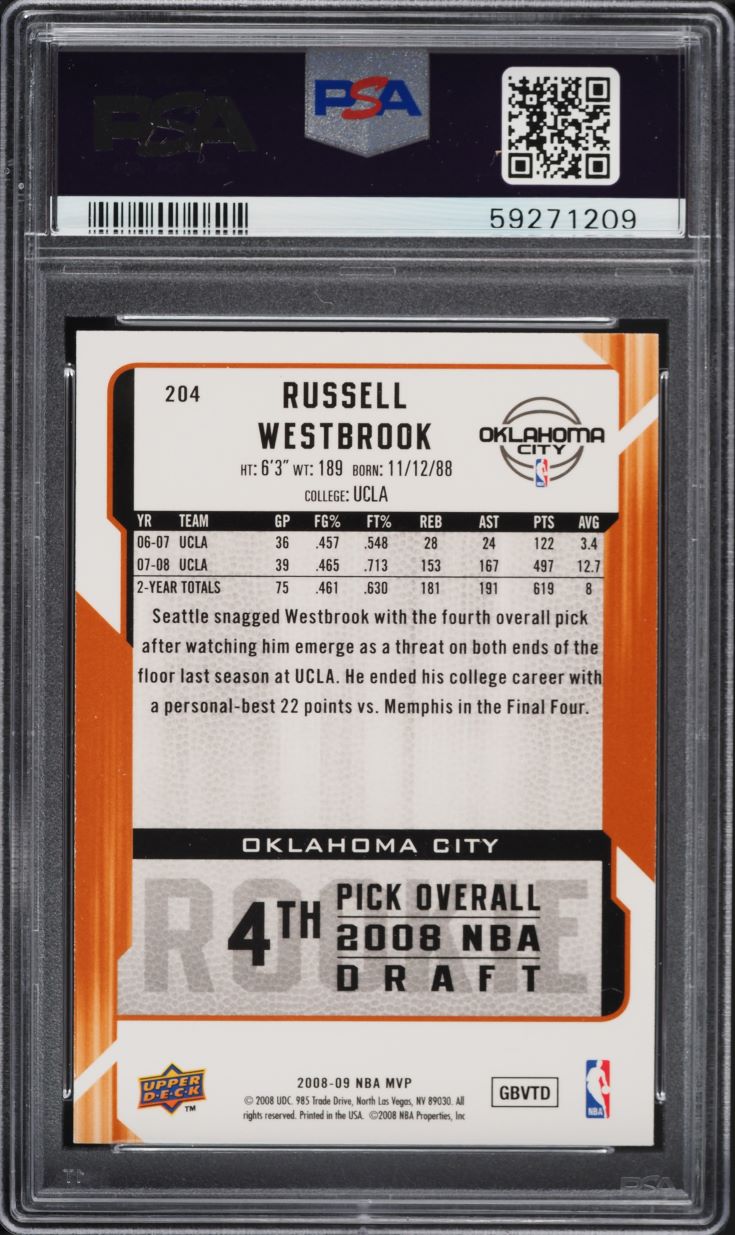 2008 Upper Deck MVP Russell Westbrook ROOKIE #204 PSA 8 NM-MT