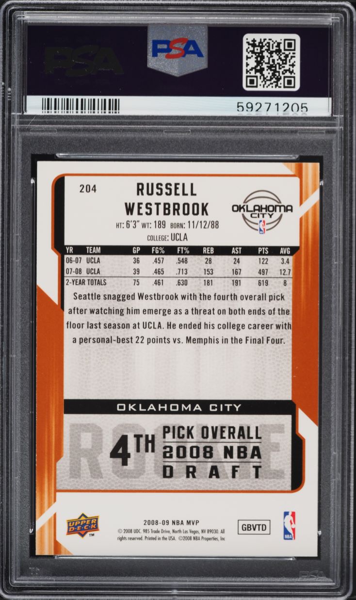 2008 Upper Deck MVP Russell Westbrook ROOKIE #204 PSA 8 NM-MT