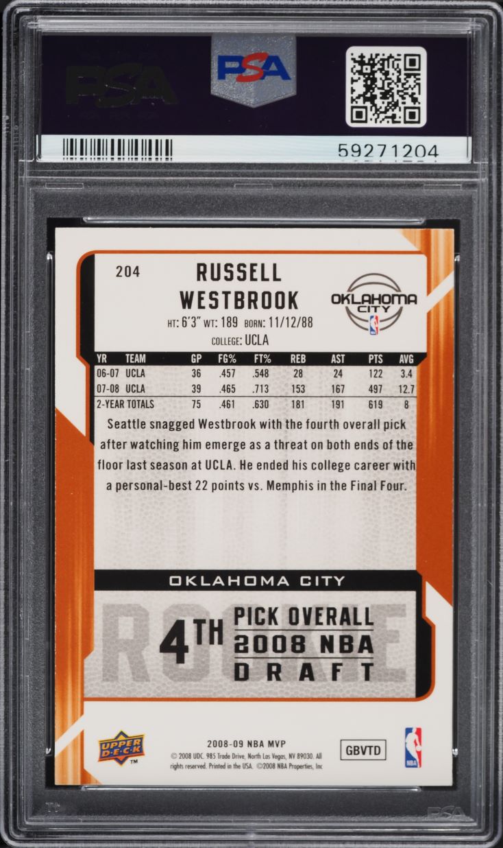 2008 Upper Deck MVP Russell Westbrook ROOKIE #204 PSA 7 NRMT
