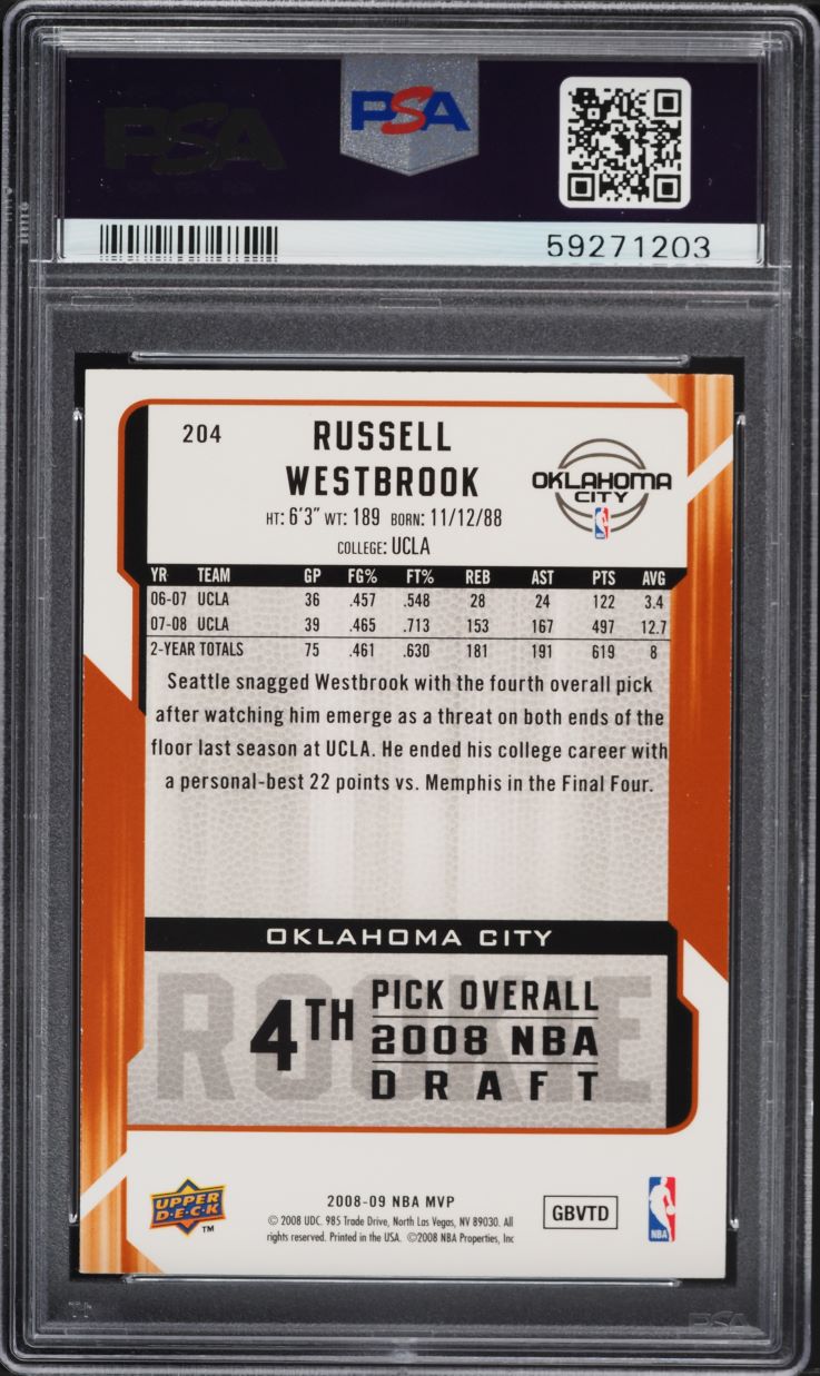 2008 Upper Deck MVP Russell Westbrook ROOKIE #204 PSA 7 NRMT