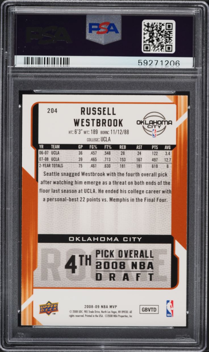 2008 Upper Deck MVP Russell Westbrook ROOKIE #204 PSA 8 NM-MT