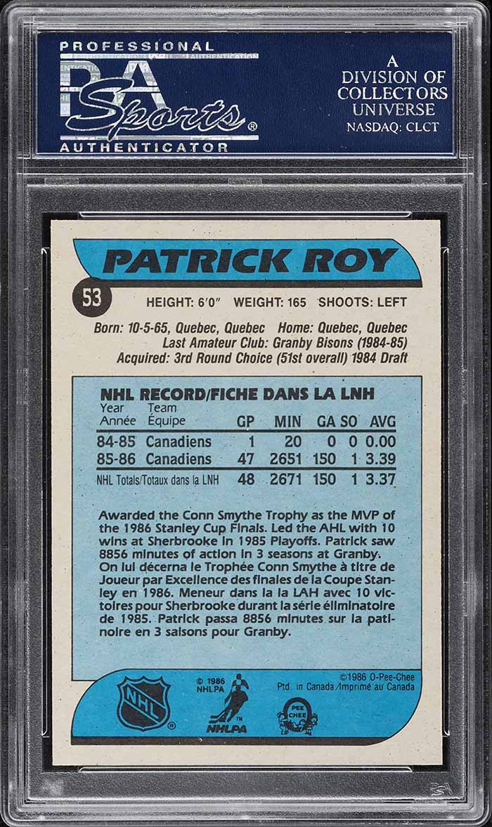1986 O-Pee-Chee Hockey Patrick Roy ROOKIE #53 PSA 10 GEM MINT