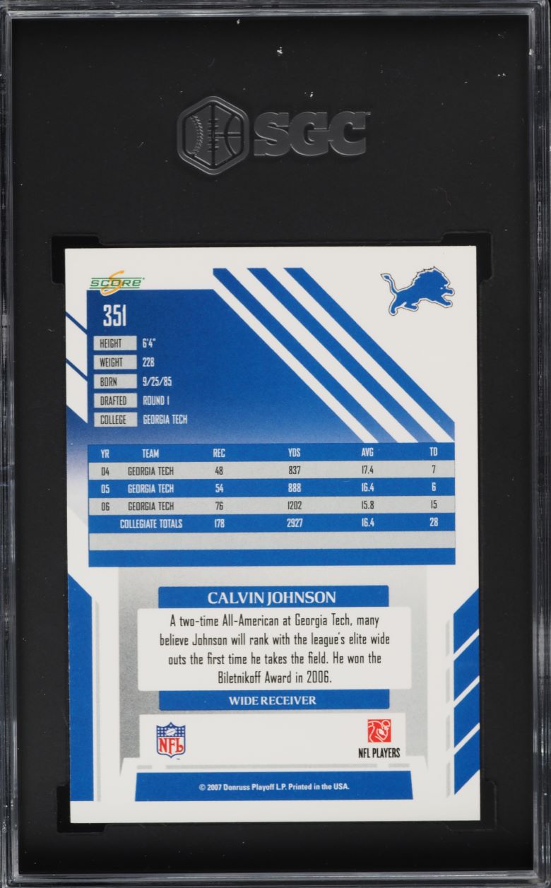 2007 Score Football Calvin Johnson ROOKIE #351 SGC 10 GEM MINT