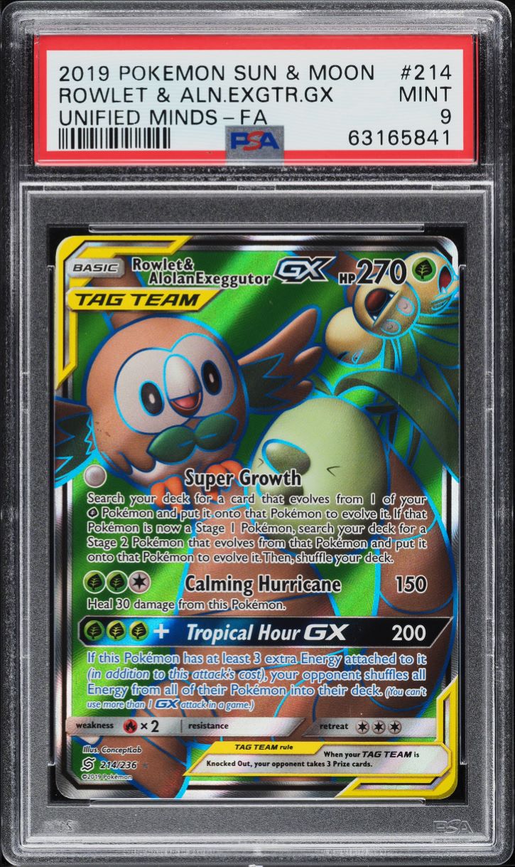 2019 Pokemon SM Unified Minds Full Art Rowlet & Alolan Exeggutor GX #214 PSA 9 on Fanatics Collect 2019 Pokemon SM Unified Minds Full Art Rowlet & Alolan Exeggutor GX #214 PSA 9 on Fanatics Collect