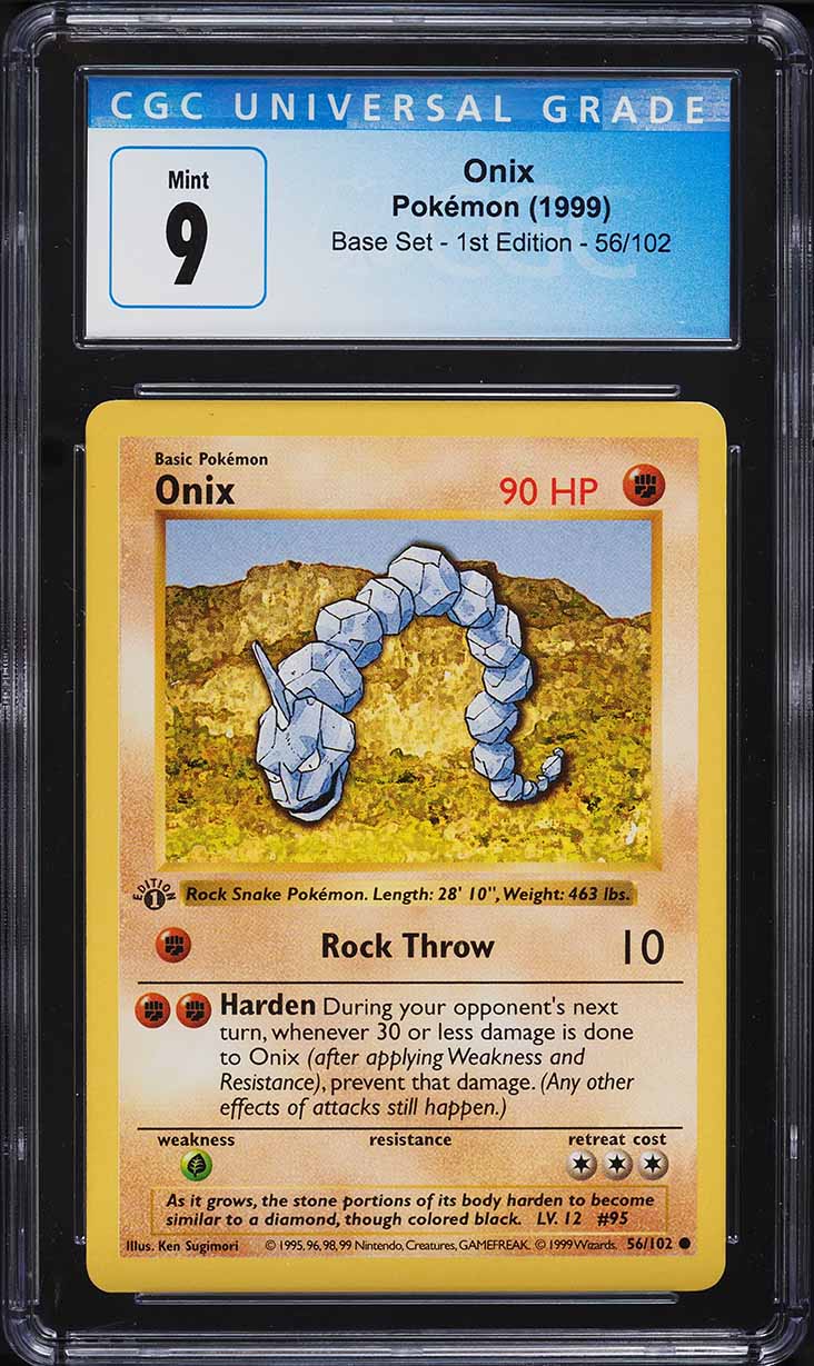 1999 onix pokemon card 1999 Pokemon Base Set Shadowless 1st Edition Onix #56 CGC 9 MINT
