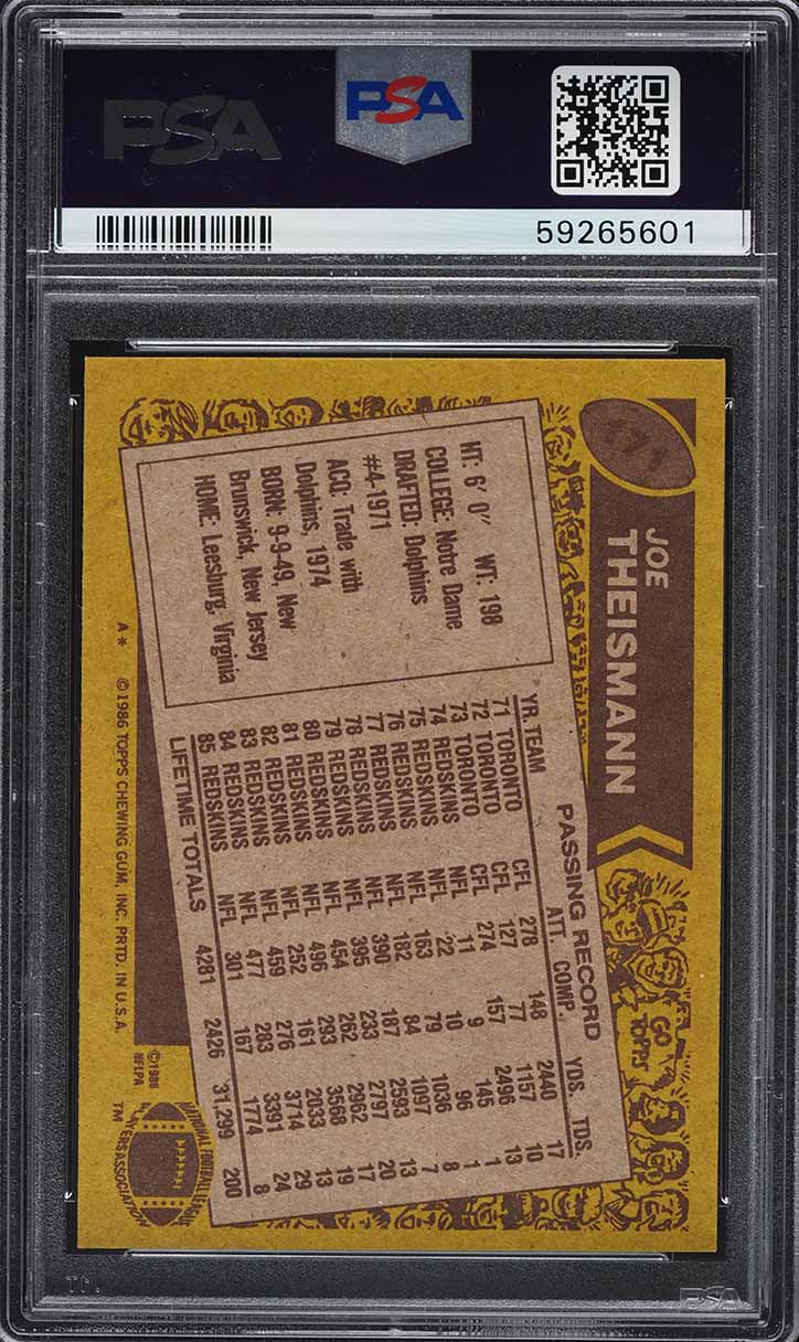 1986 Topps Football Joe Theismann #171 PSA 7 NRMT