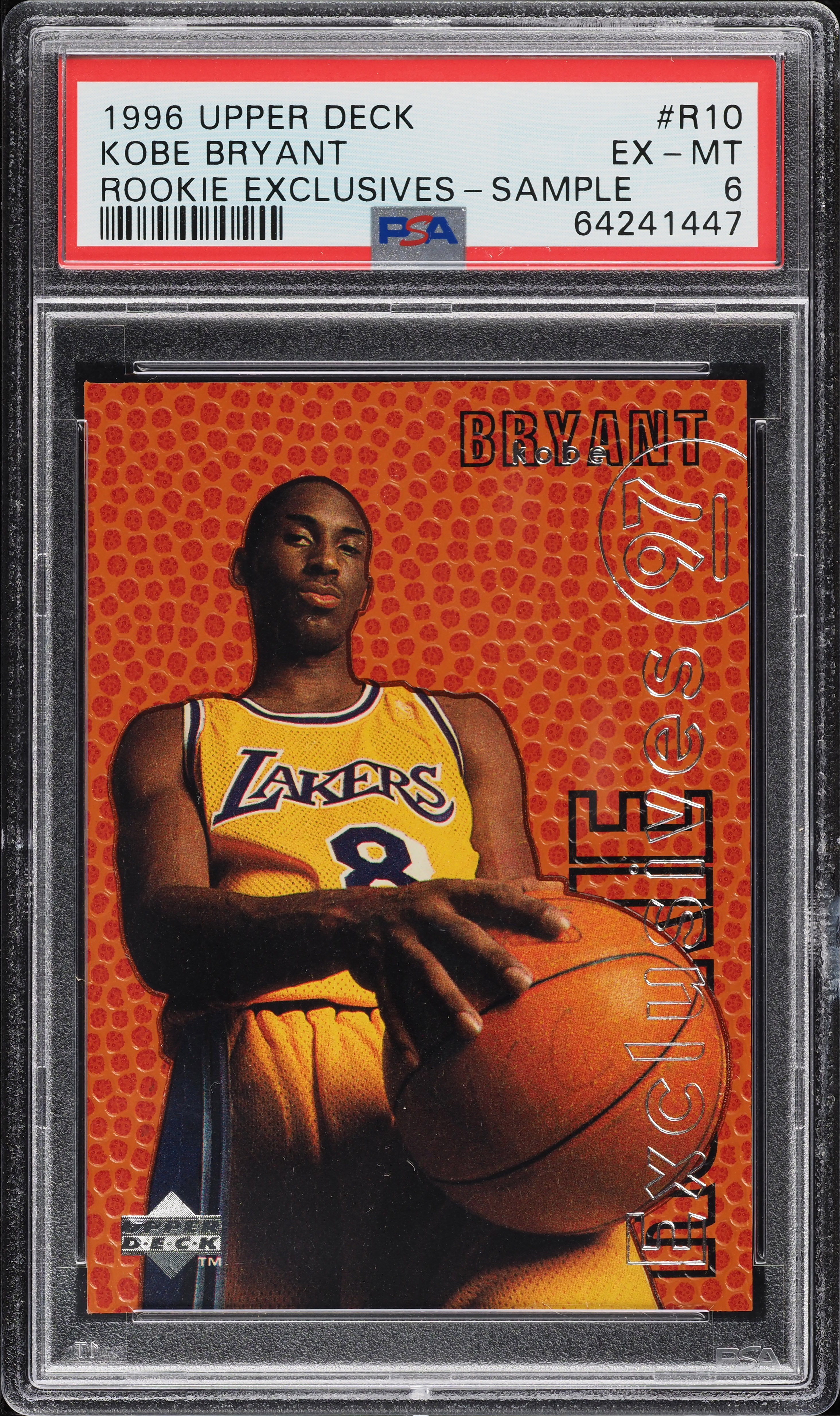 KOBE BRYANT　ROOKIE CARD　1996　UPPER　DECK 1996 Upper Deck Exclusives Sample Kobe Bryant ROOKIE #R10 PSA 6