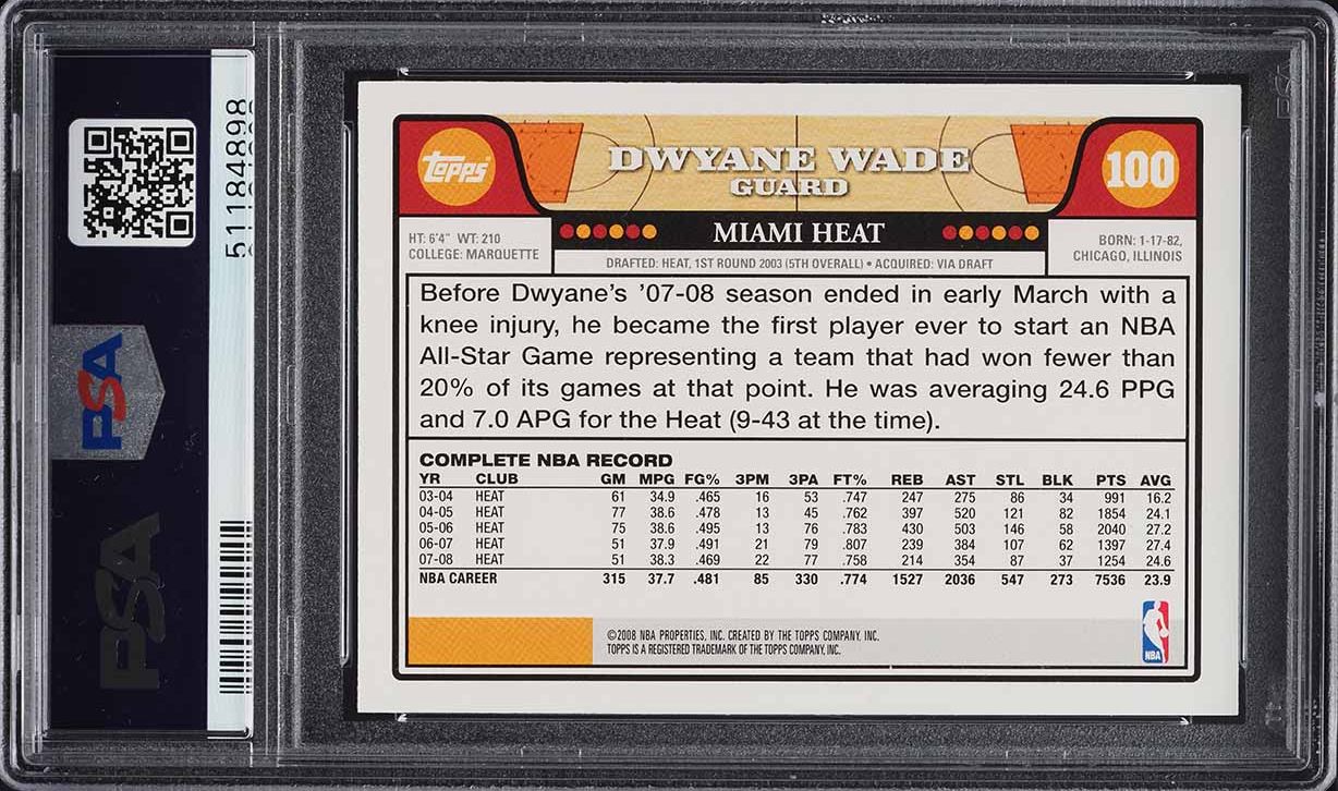2008 Topps Basketball Dwyane Wade #100 PSA 10 GEM MINT