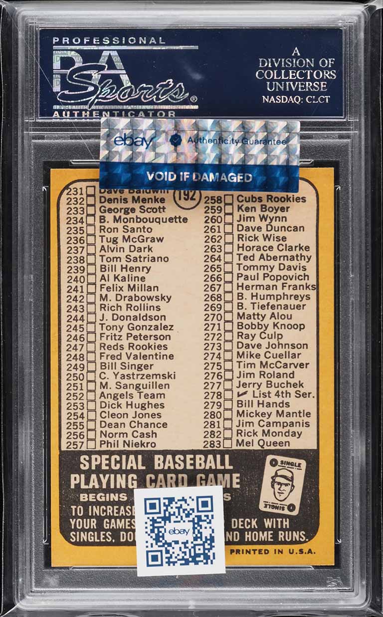 1968 Topps Carl Yastrzemski CHECKLIST 197-283 #192 PSA 10 GEM MINT