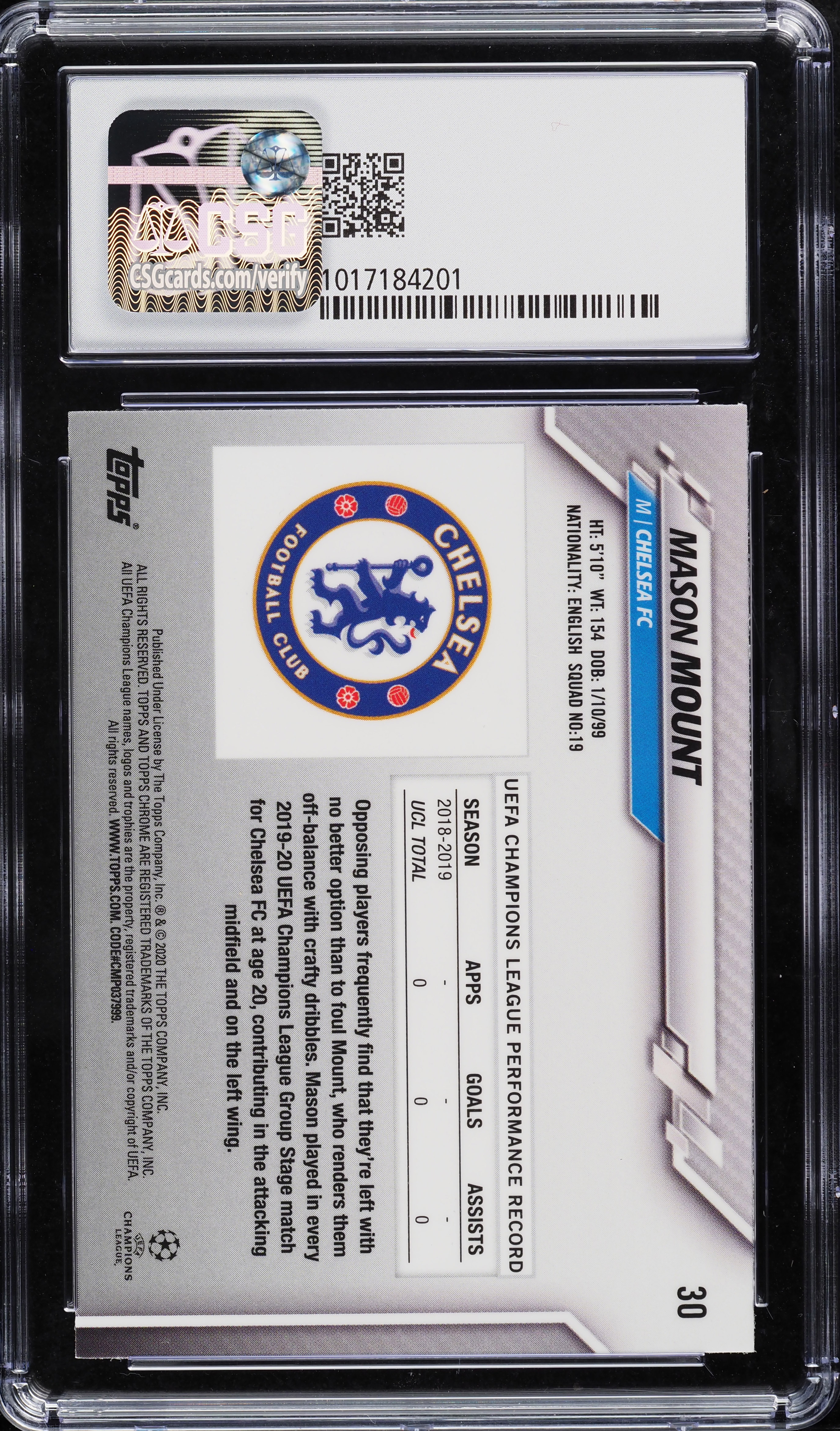 2019 Topps Chrome UEFA Mason Mount ROOKIE #30 CSG 9.5 GEM MINT on