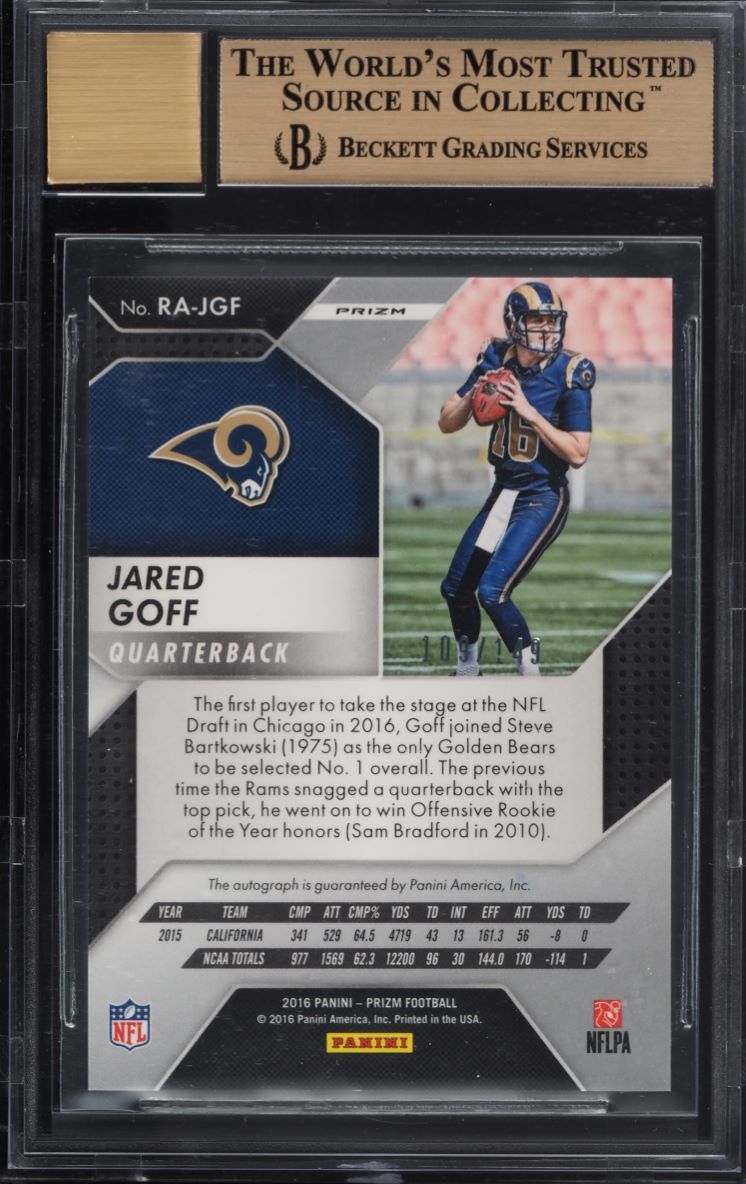 2016 Panini Prizm Blue Wave Jared Goff ROOKIE AUTO /149 #RA-JGF BGS 9.5 GEM MINT
