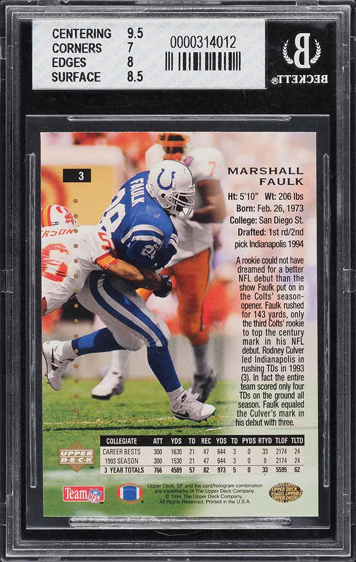 1994 SP Foil Marshall Faulk ROOKIE #3 BGS 7.5 NRMT+