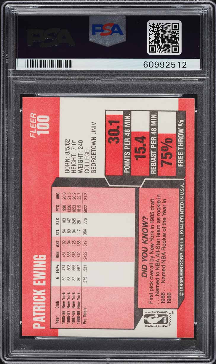 1989 Fleer Basketball Patrick Ewing #100 PSA 7 NRMT