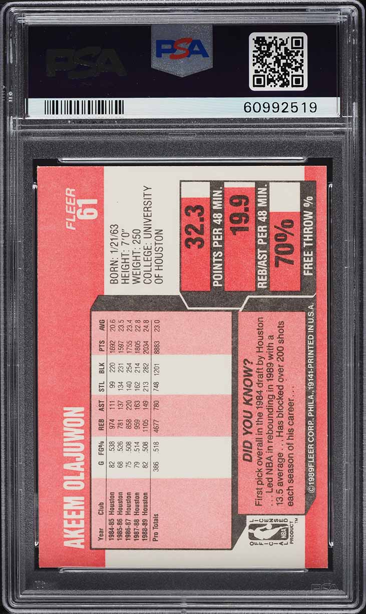 1989 Fleer Basketball Hakeem Olajuwon #61 PSA 8 NM-MT
