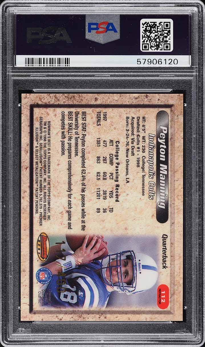 1998 Bowman's Best Refractor Peyton Manning ROOKIE /400 #112 PSA 9 MINT