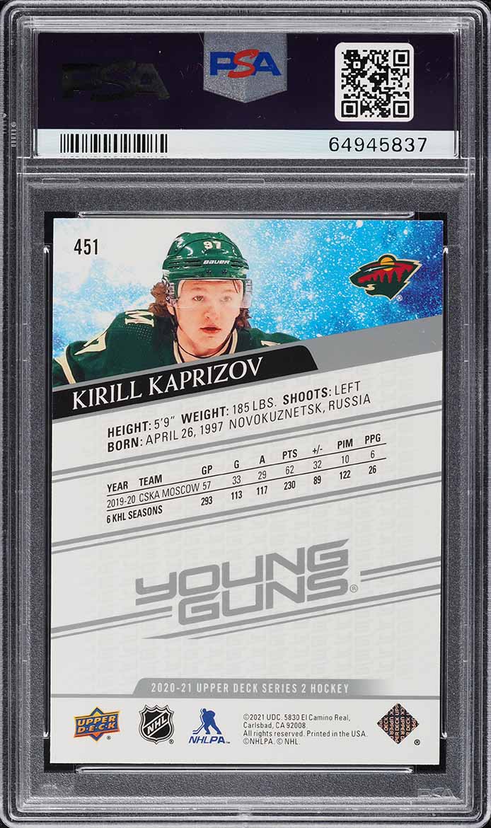 2020 Upper Deck Young Guns Kirill Kaprizov ROOKIE #451 PSA 10 GEM MINT