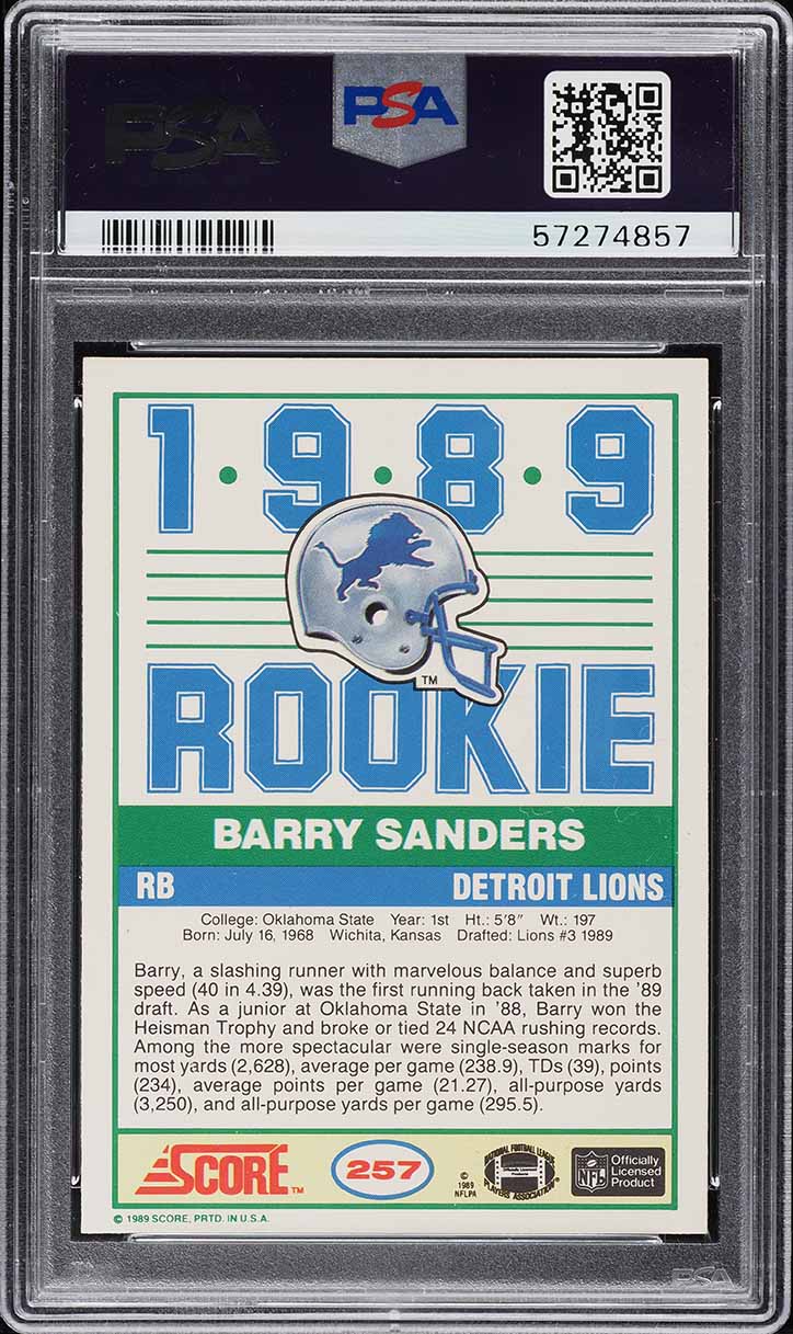 1989 Score Football Barry Sanders ROOKIE #257 PSA 10 GEM MINT