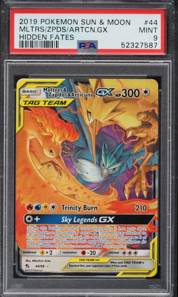 2019 Pokemon Sun & Moon Hidden Fates Moltres Zapdos Articuno GX #44 PSA 9 MINT