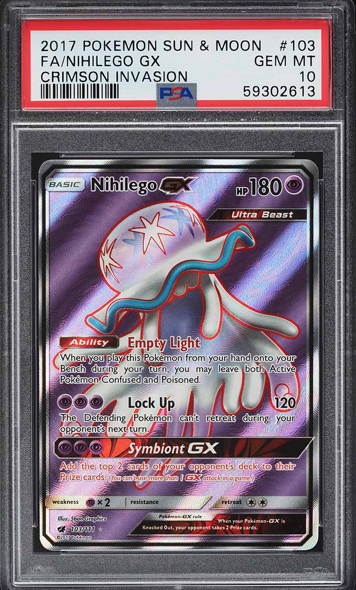 2017 Pokemon Sun & Moon Crimson Invasion Full Art Nihilego GX #103 PSA 10 GEM