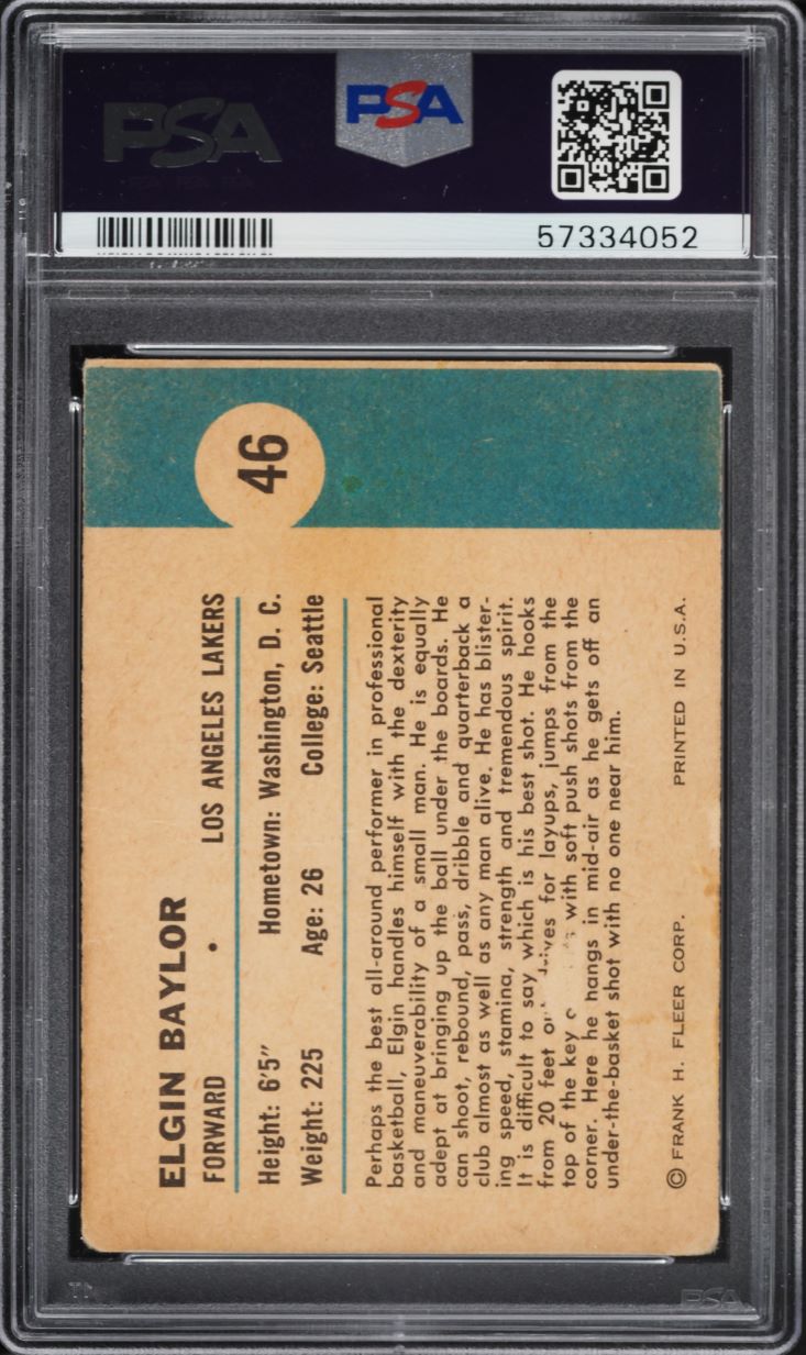 1961 Fleer Basketball Elgin Baylor ROOKIE, IN ACTION #46 PSA 2 GD
