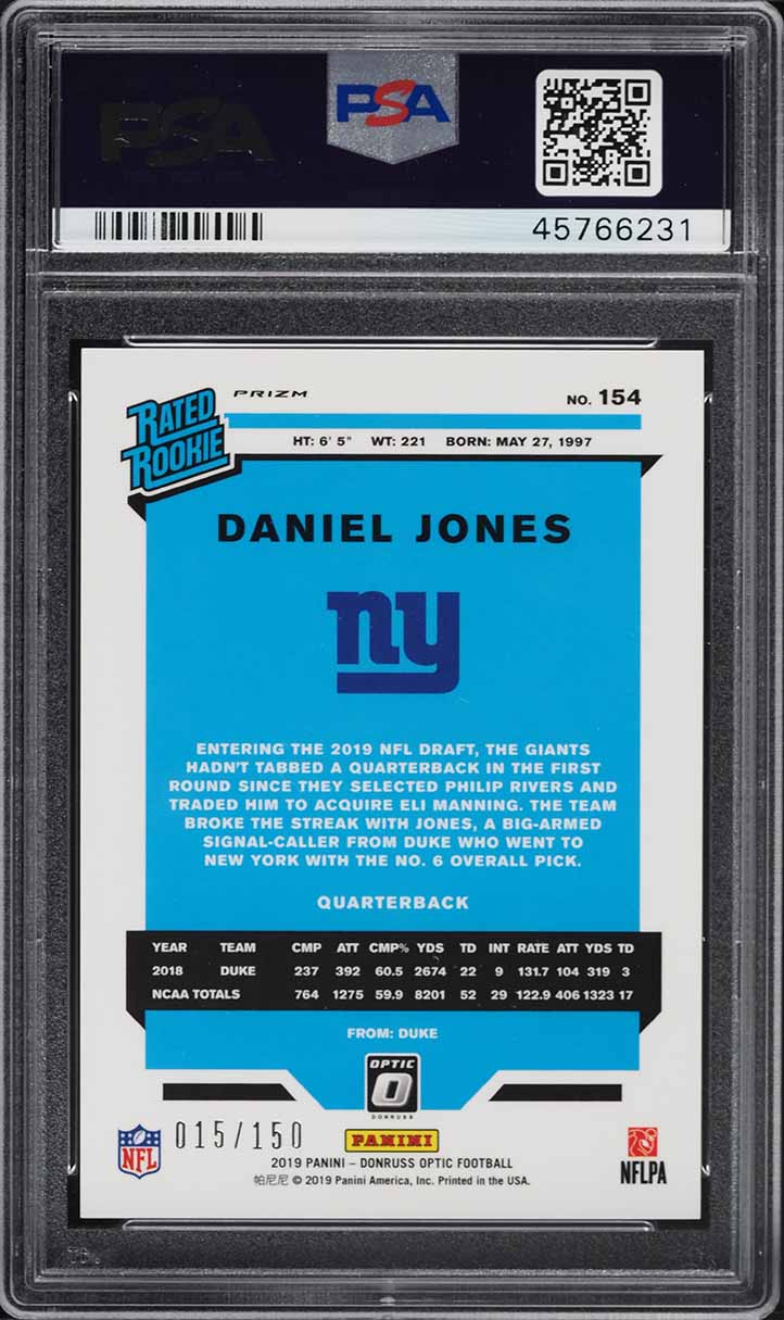 2019 Donruss Optic Blue Daniel Jones ROOKIE /150 #154 PSA 10 GEM MINT
