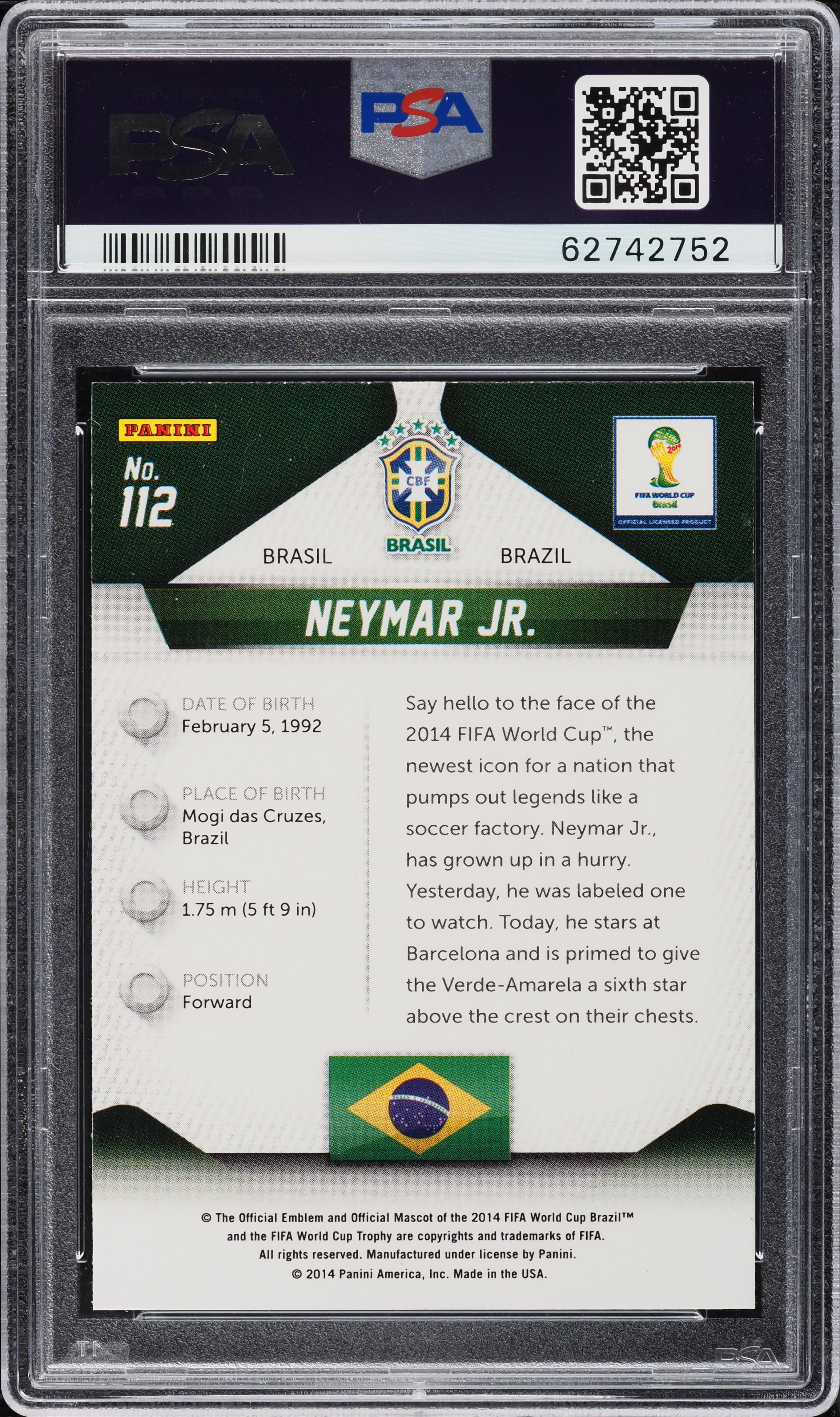 2014 Panini Prizm World Cup Neymar Jr. #112 PSA 10 GEM MINT on