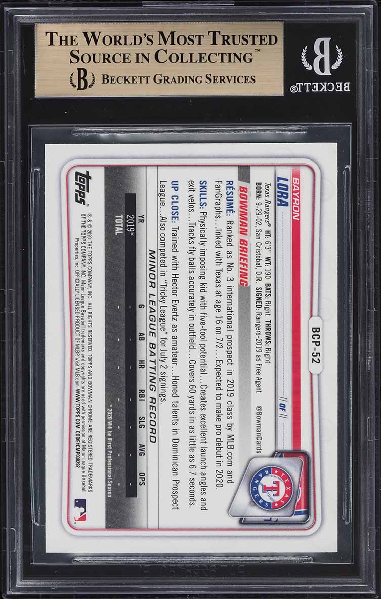 2020 Bowman Chrome Prospects Bayron Lora ROOKIE #BCP-52 BGS 9.5 GEM MINT