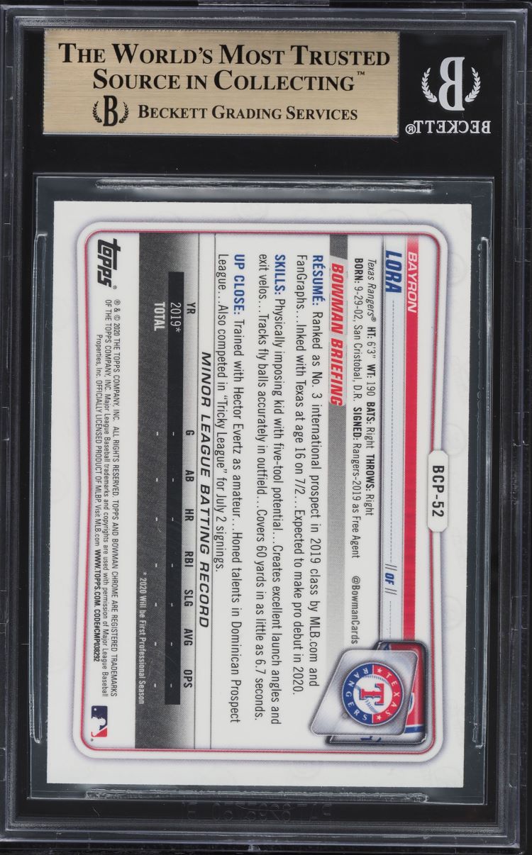 2020 Bowman Chrome Prospects Bayron Lora ROOKIE #BCP-52 BGS 9.5 GEM MINT