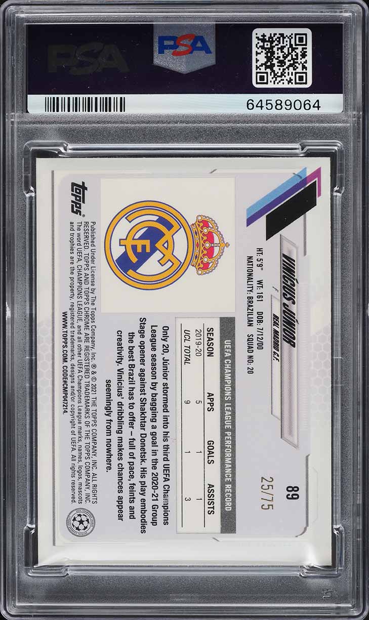 2020 Topps Chrome UEFA Sapphire Green Vinicius Junior /75 #89 PSA 10 GEM MINT