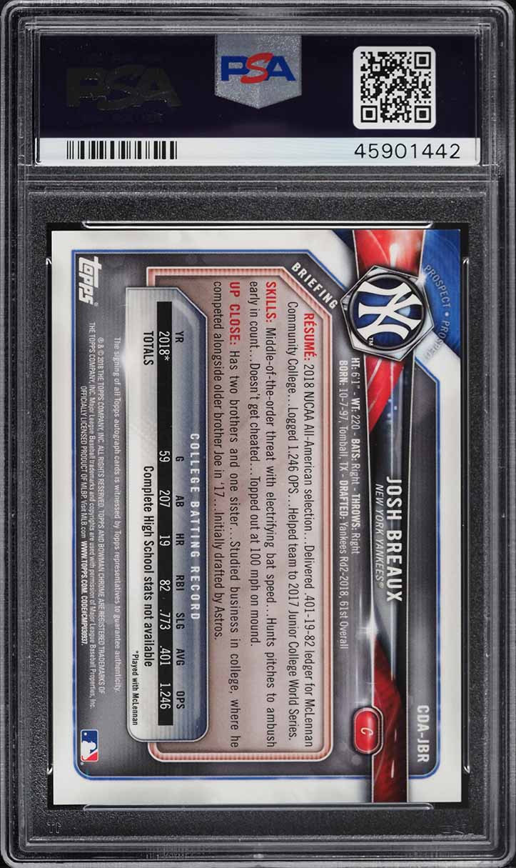 2018 Bowman Chrome Draft Josh Breaux ROOKIE AUTO #CDA-JBR PSA 9 MINT