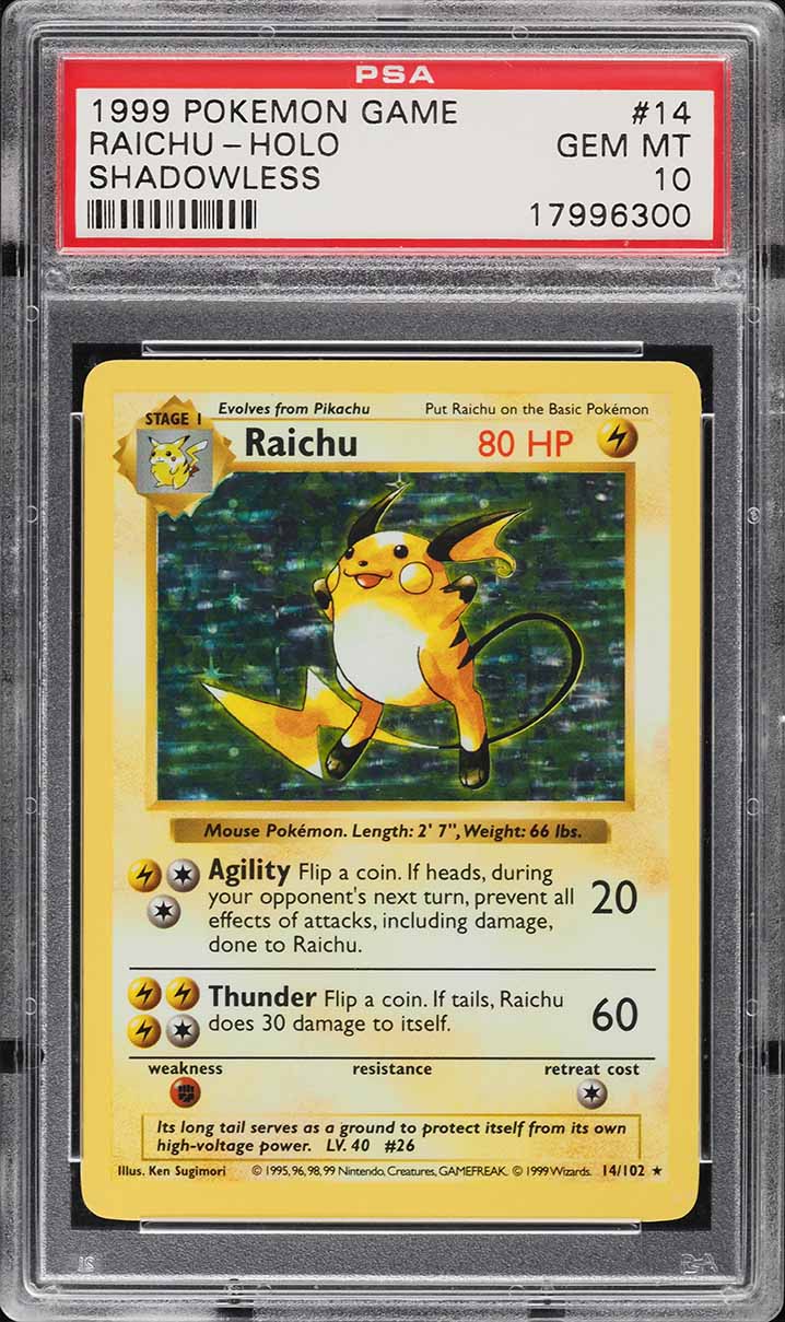 1999 Pokemon Base Set Shadowless Holo Raichu #14 PSA 10 GEM MINT