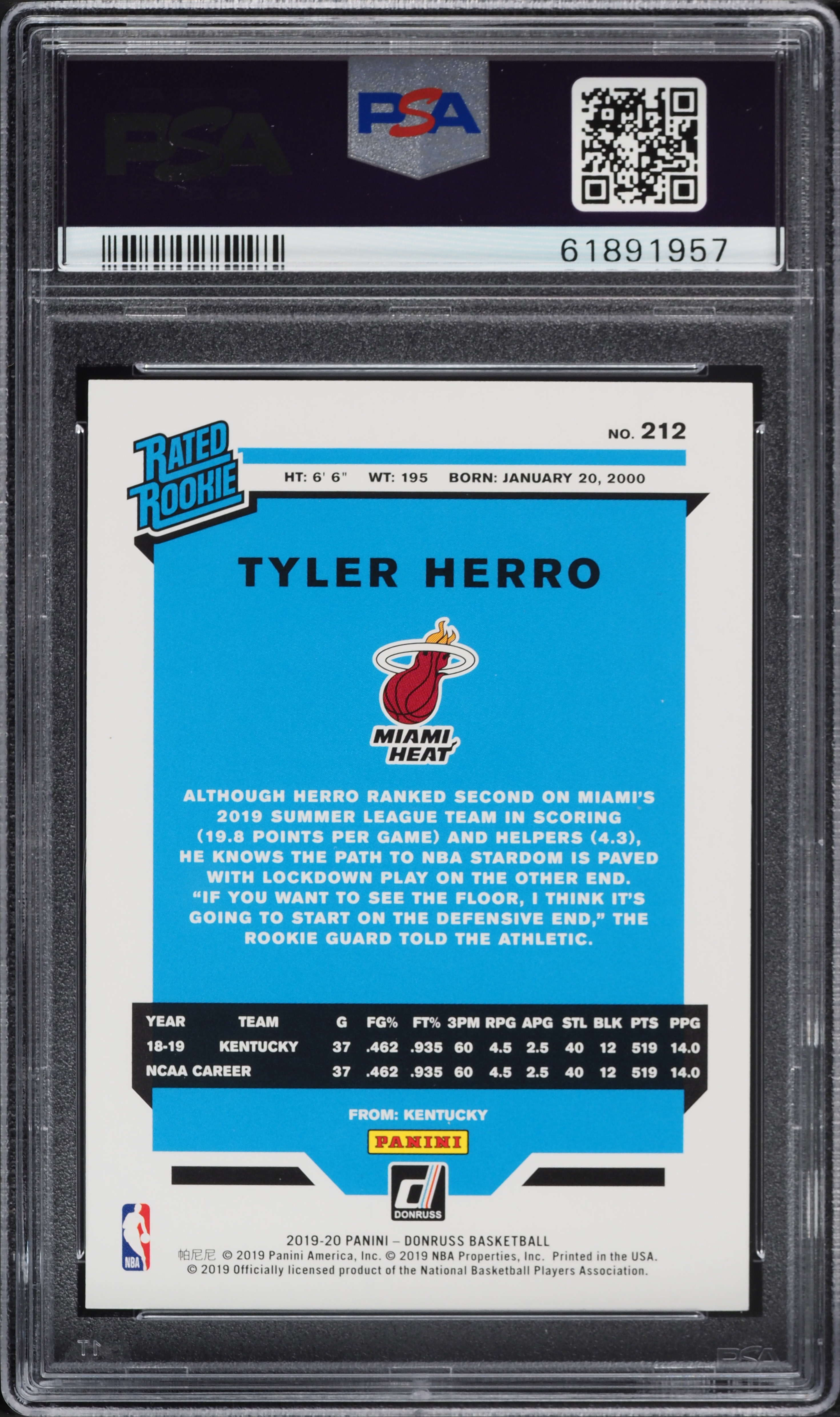 2019 Donruss Infinite Tyler Herro ROOKIE #212 PSA 10 GEM MINT on