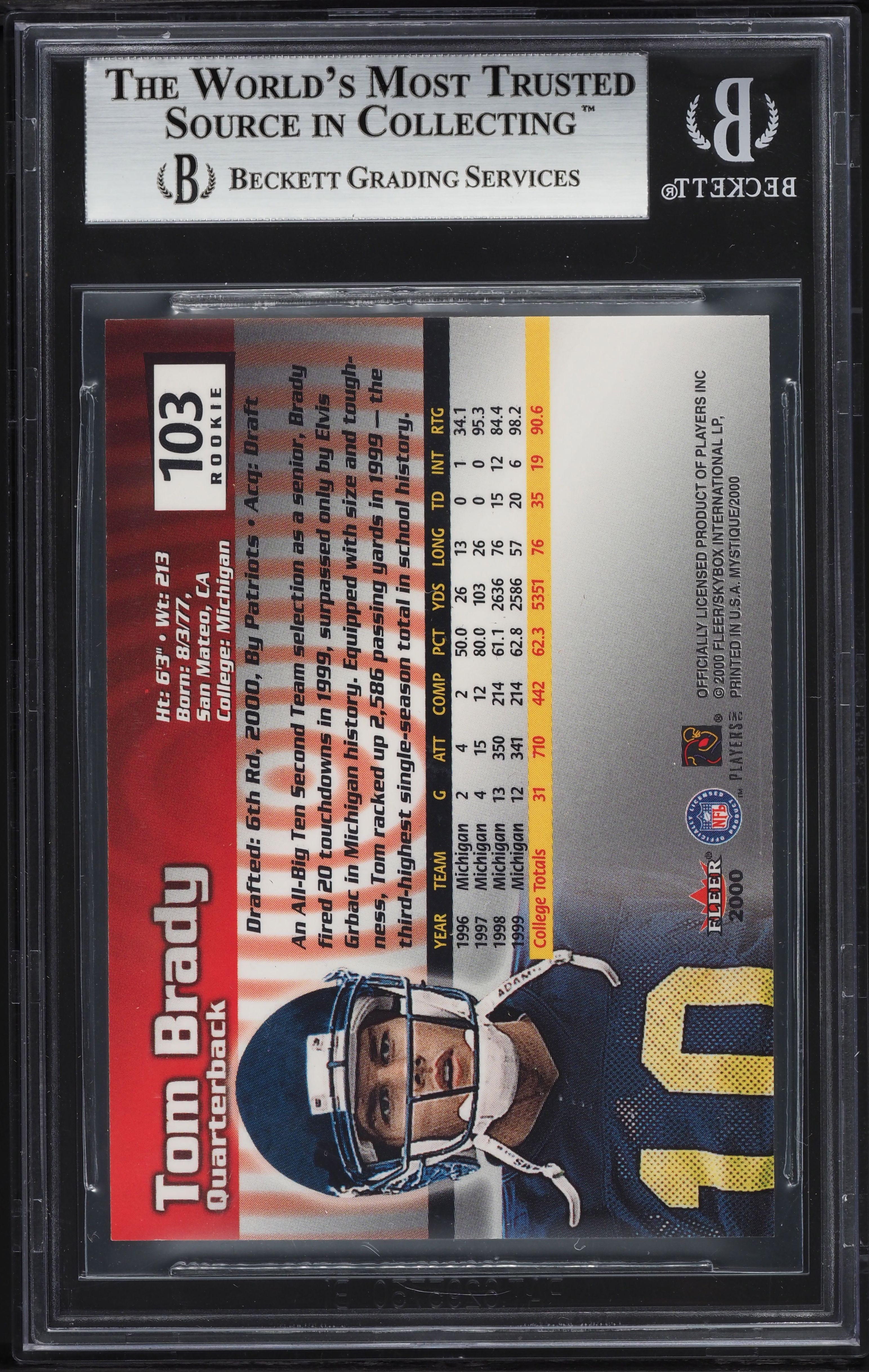 2000 Fleer Mystique Tom Brady ROOKIE /2000 #103 BGS 8.5 NM-MT+ on