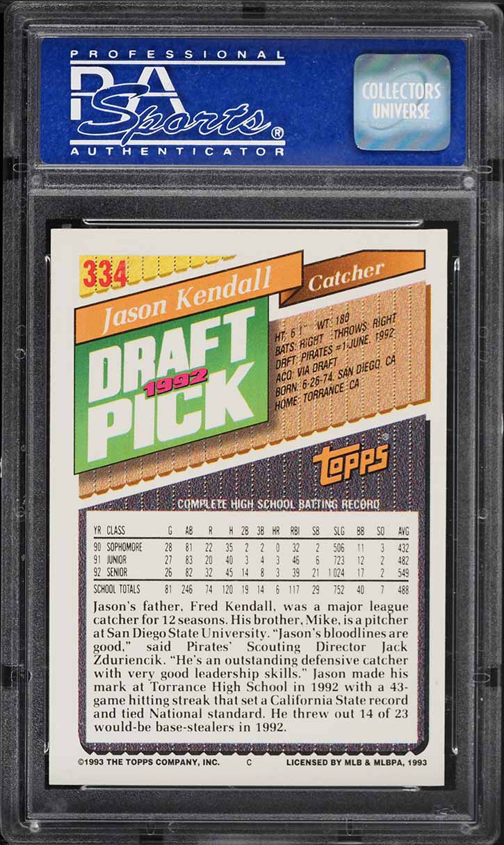 1993 Topps Jason Kendall ROOKIE #334 PSA 9 MINT on Fanatics Collect