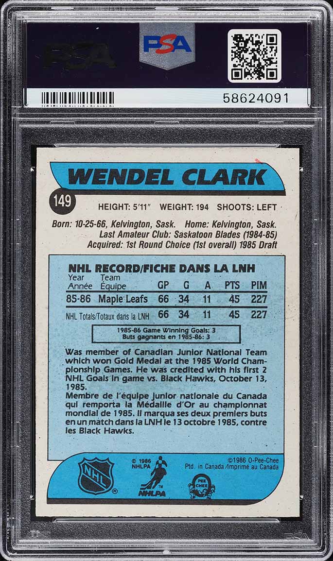 1986 O-Pee-Chee Hockey Wendel Clark ROOKIE #149 PSA 9 MINT