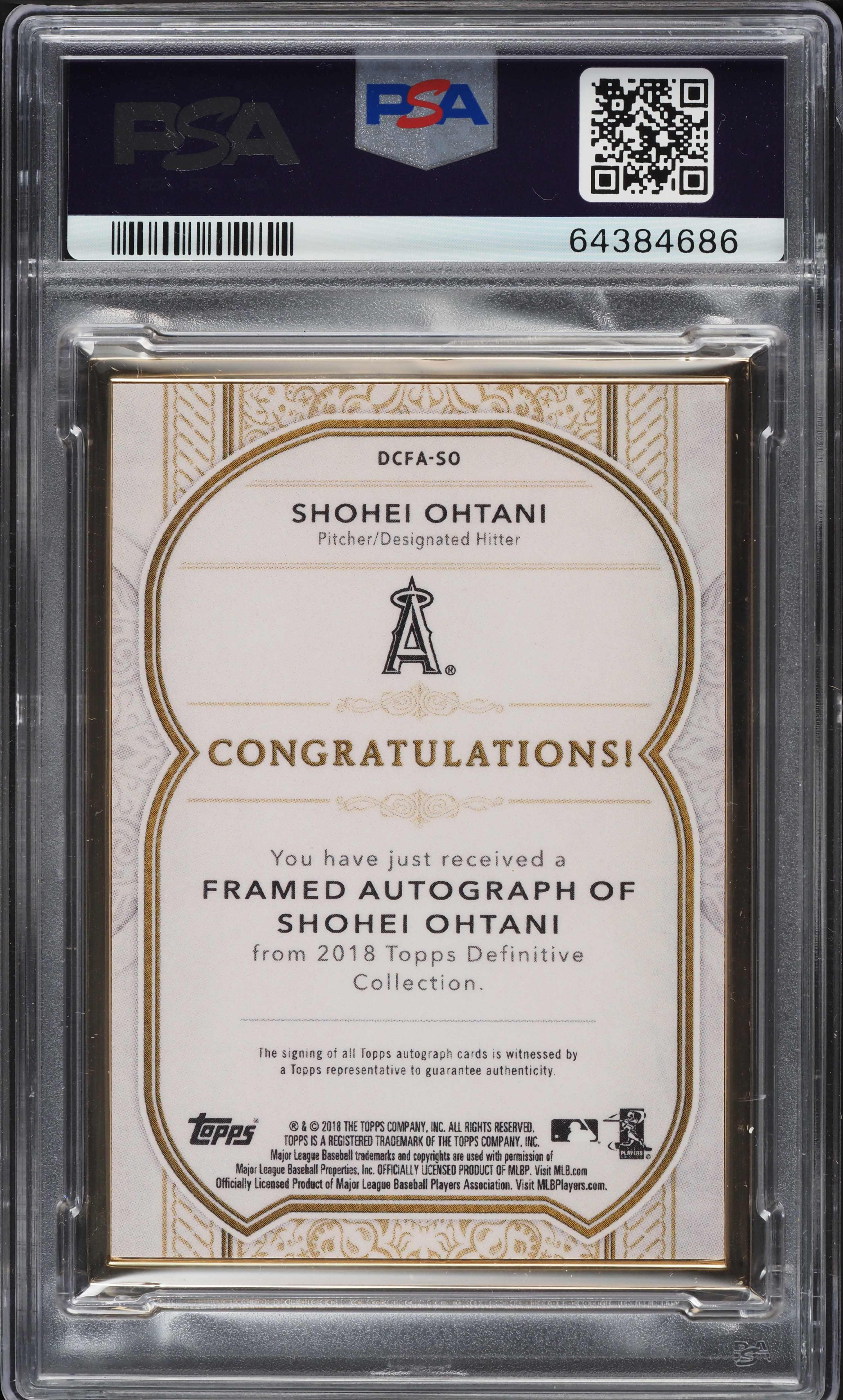2018 Topps Definitive Framed Shohei Ohtani ROOKIE AUTO /30 #DCAF 