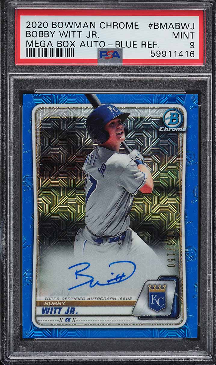 2020 Bowman Chrome Mega Blue Refractor Bobby Witt Jr. ROOKIE AUTO /150 PSA 9