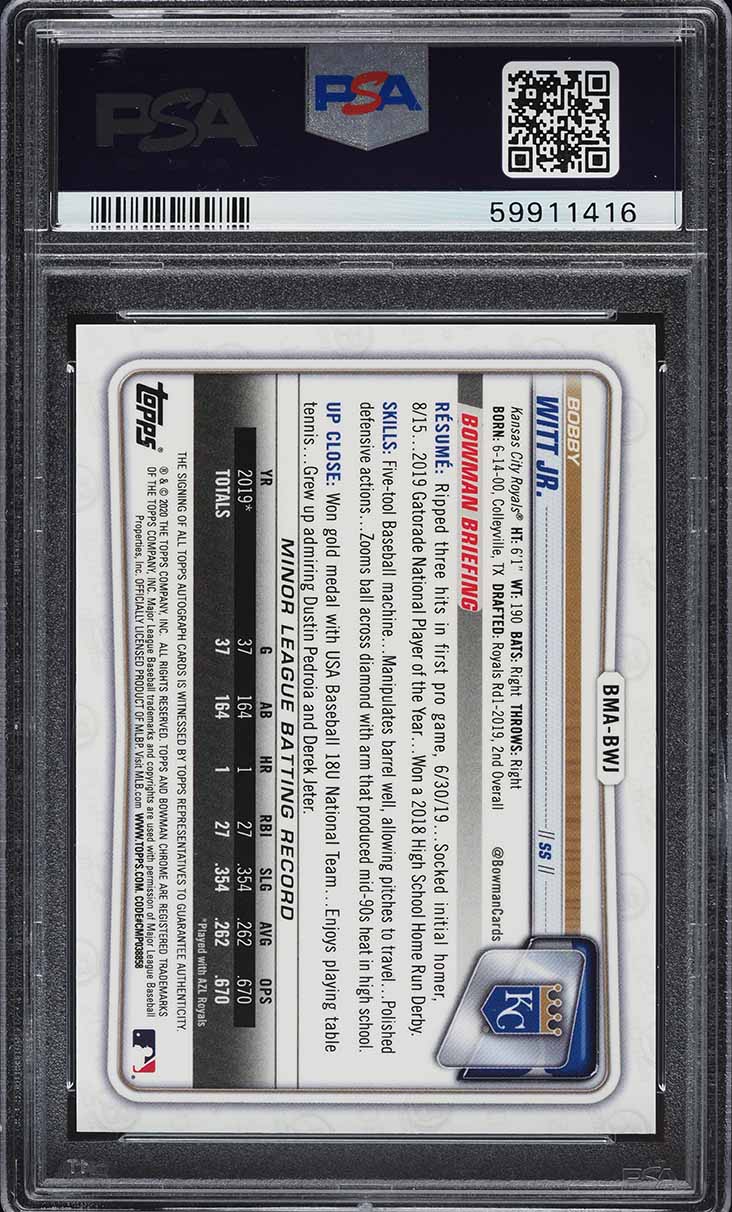 2020 Bowman Chrome Mega Blue Refractor Bobby Witt Jr. ROOKIE AUTO /150 PSA 9