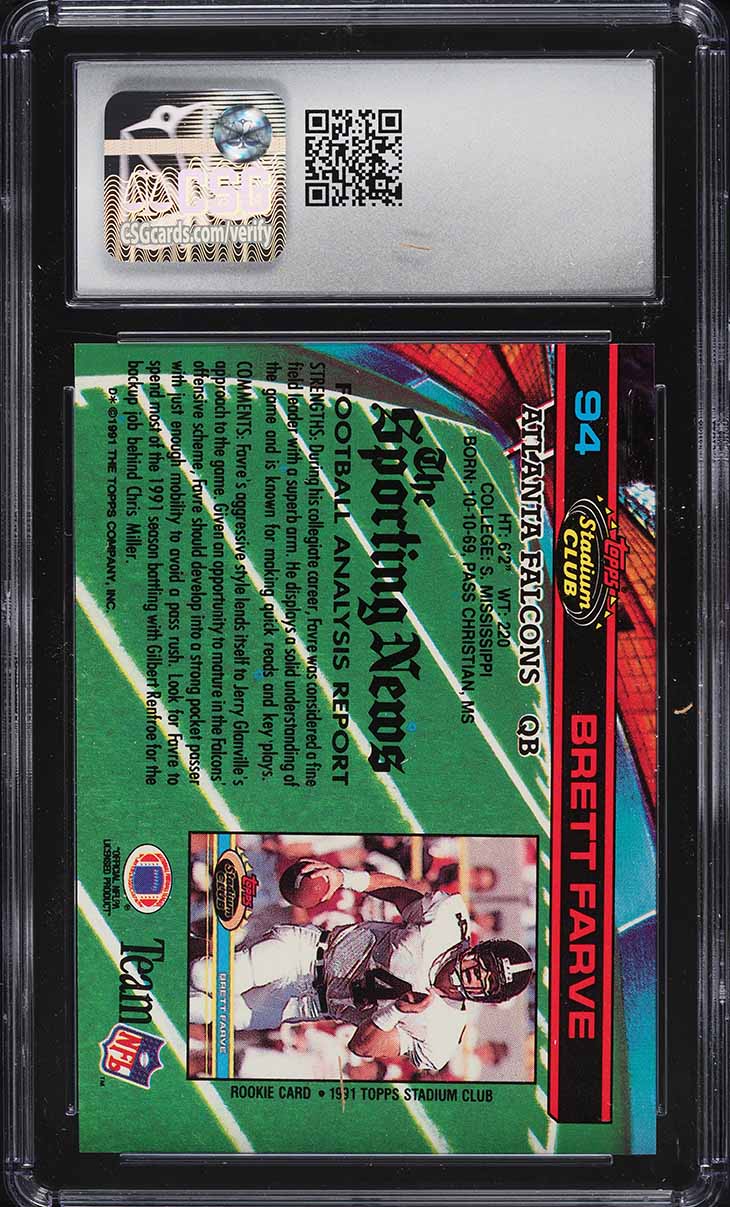 1991 Stadium Club Football Brett Favre ROOKIE #94 CSG 7.5 NRMT+