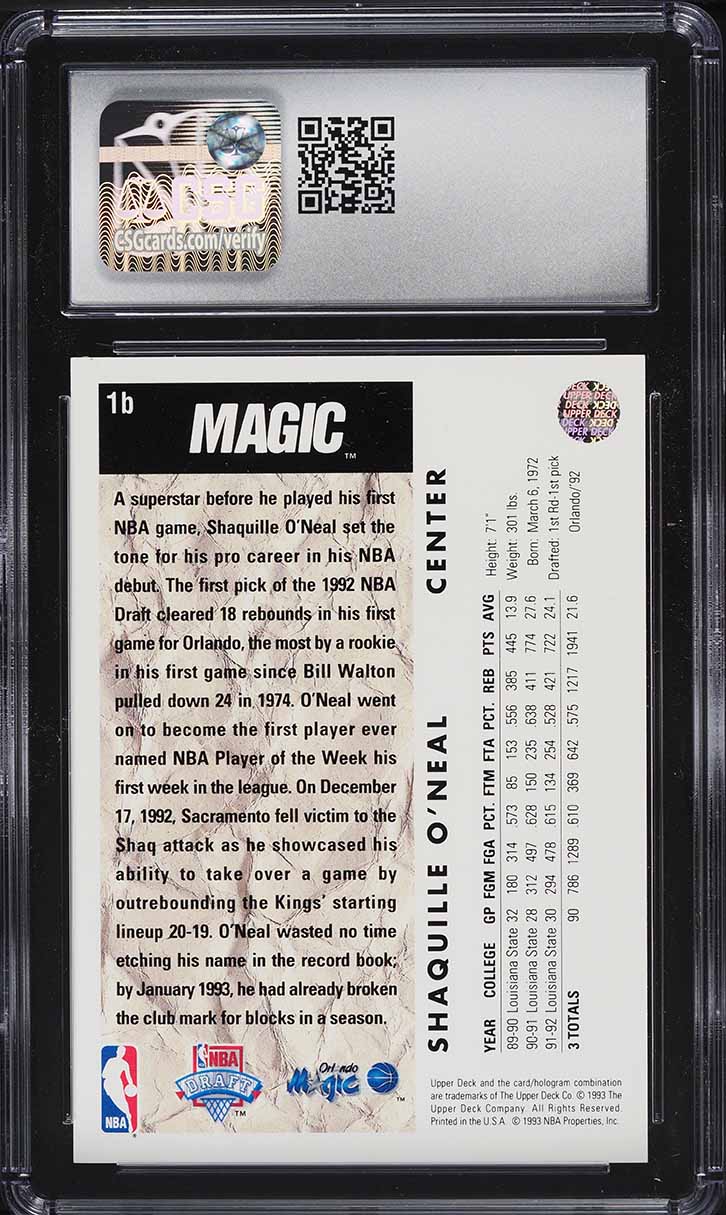1992 Upper Deck Trade Card Shaquille O'Neal ROOKIE #1b CSG 7.5 NRMT+