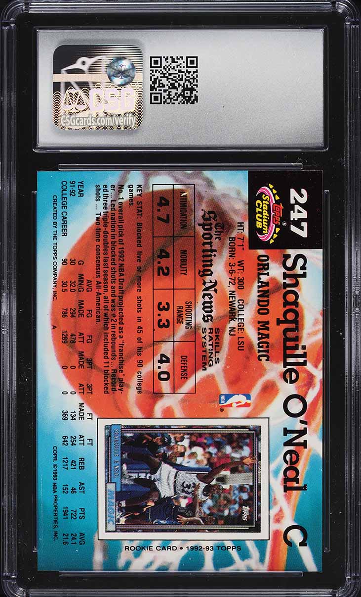 1992 Stadium Club Basketball Shaquille O'Neal ROOKIE #247 CSG 8.5 NM-MT+