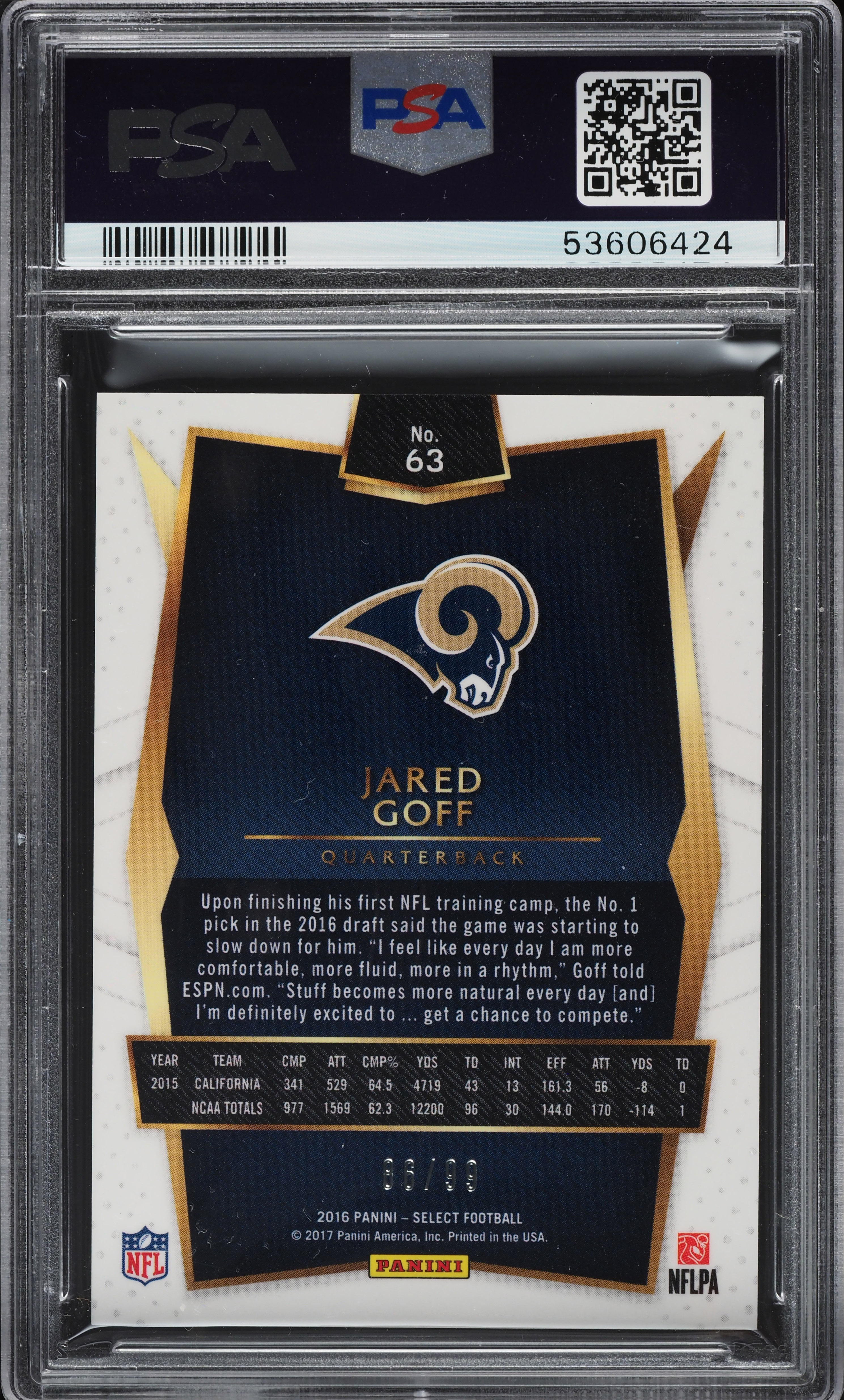 2016 Select Red Prizm Jared Goff ROOKIE /99 #63 PSA 9 MINT on